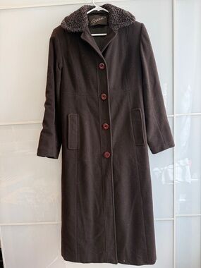 Scaasi Brown Wool Coat with Curly Faux Fur Collar